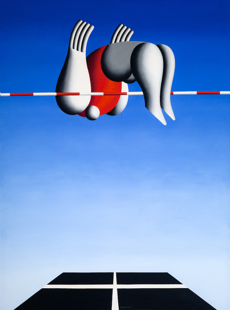 Hans Ticha: Der Hochspringer, 1987, Öl auf Leinwand, 190 x 144 cm, Museum Utopie und Alltag (Bestand Beeskow), © Hans Ticha, VG Bild-Kunst, Bonn 2025