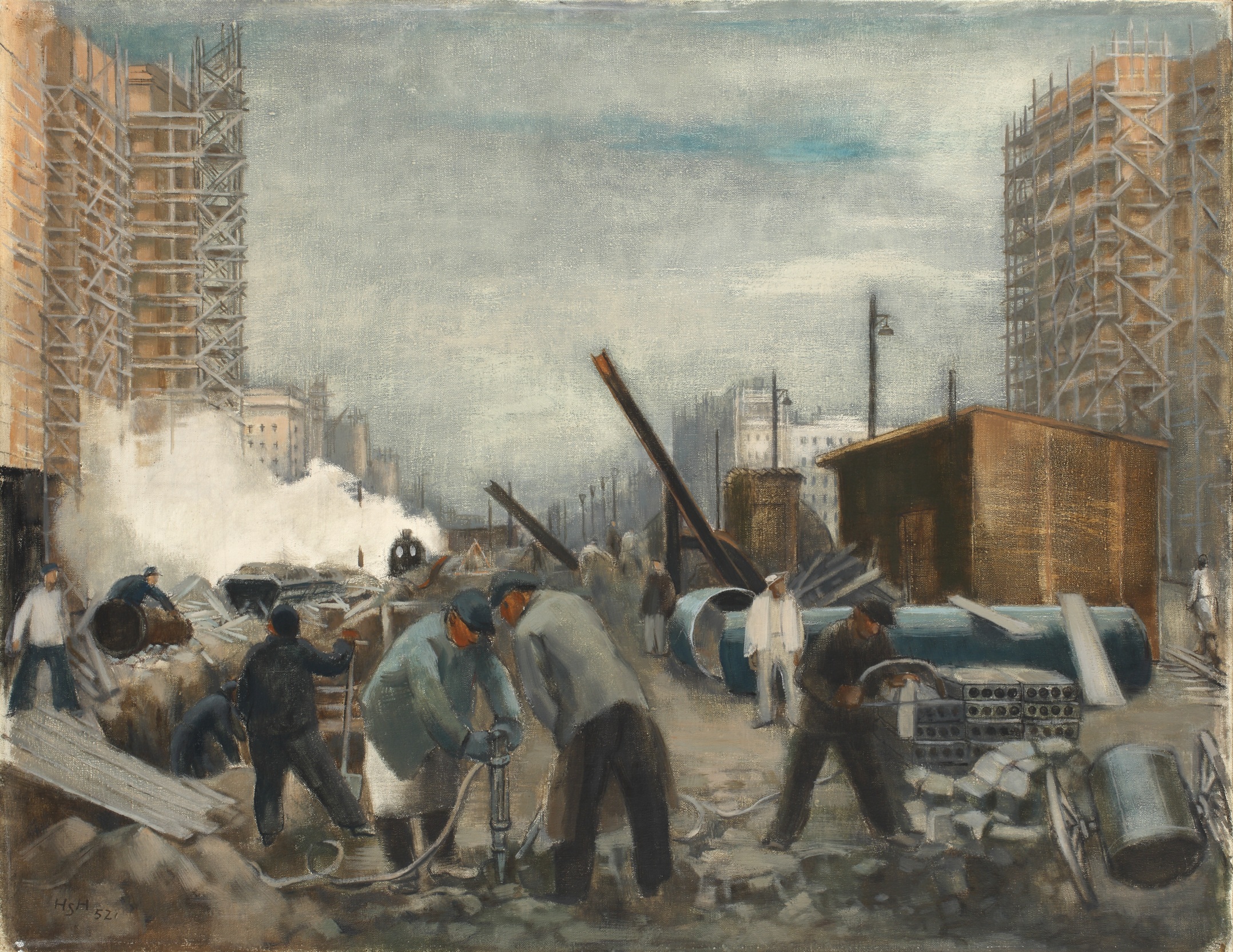 Hedwig Holtz-Sommer
Aufbau der Stalinallee, 1952
Öl auf Leinwand
76,5 × 98,5 cm
Staatliche Schlösser, Gärten und Kunstsammlungen Mecklenburg-Vorpommern, Gemäldesammlung
© Wolfram Vormelker
Foto: Gabriele Bröcker, Staatliche Schlösser, Gärten und Kunstsammlungen M-V
